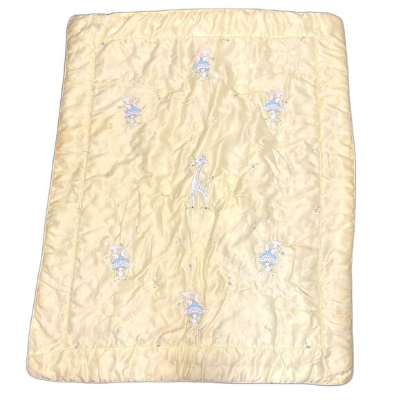 Vintage Gender Neutral Baby Blanket Giraffe Fairy Embroidered Butter Yellow - Picture 1 of 5